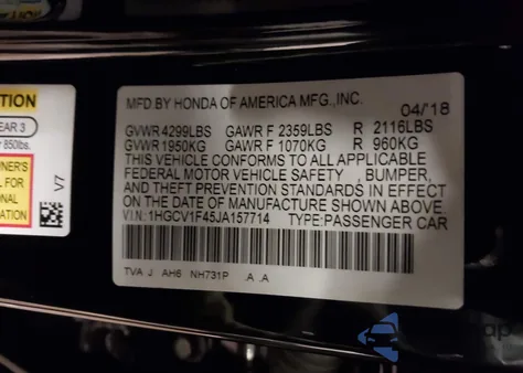 2018 Honda Accord Ex z USA, uszkodzony, nr VIN 1HGCV1F45JA157714